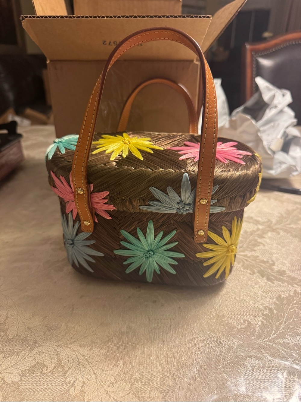 Unworn Kate Spade "Cabo" Woven Straw Floral Cylindrical Basket Bag Handbag